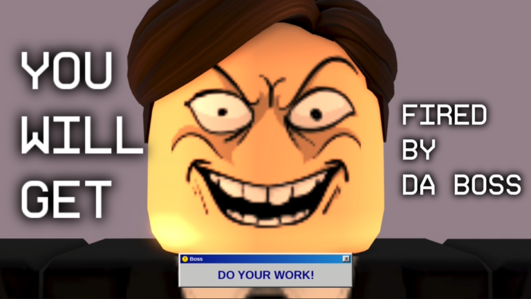First-person gameplay screenshot of Don't Get Fired At Work showing a player holding up a brick cellphone in an office meeting room while the stress and work performance monitor is visible.